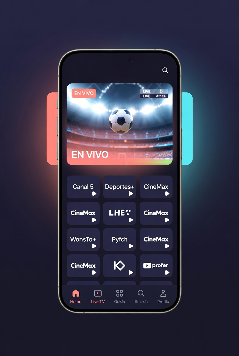 Écran d’accueil de l’appli PTTV affichant un match en direct et une grille de chaînes