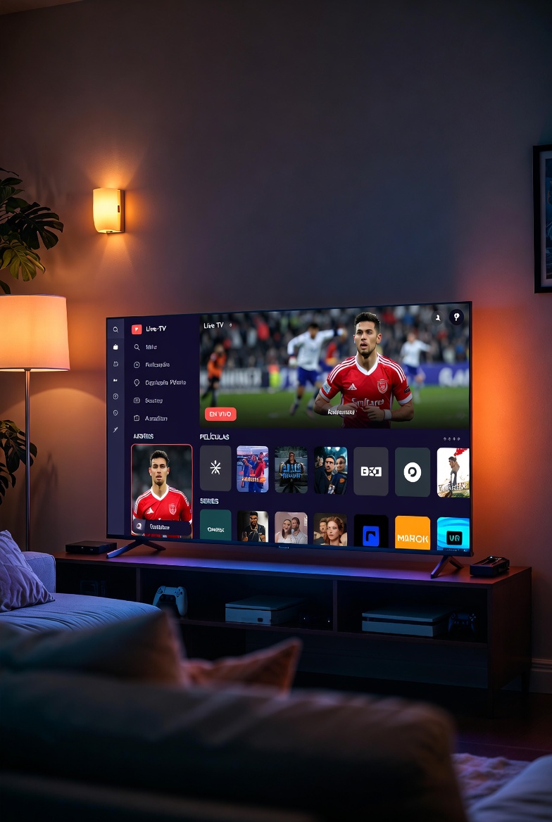 PTTV sur une Smart TV du salon affichant un match en direct